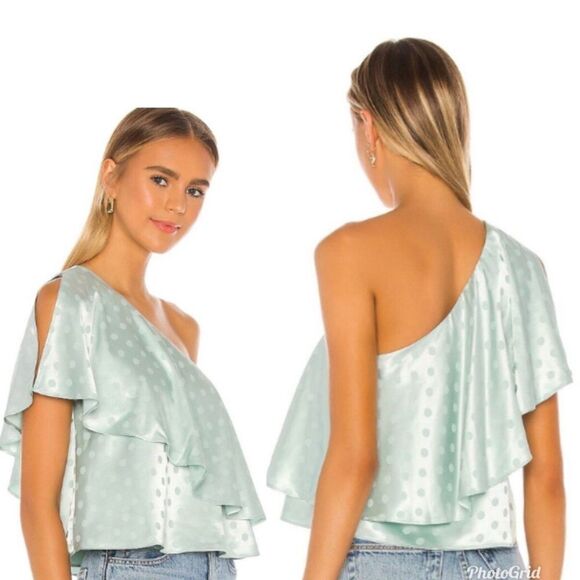 REVOLVE HOUSE OF HARLOW 1960 Leya Mint One-Shoulder Satin Polka Dot Top size M - Picture 1 of 9